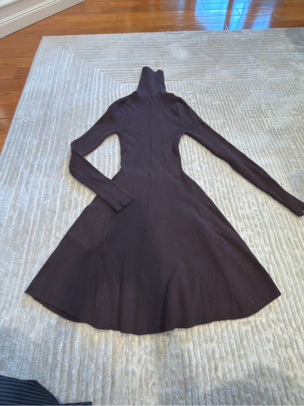 Zara Dark Brown Ribbed Turtleneck Long-Sleeve Fit-and-Flare Dress
